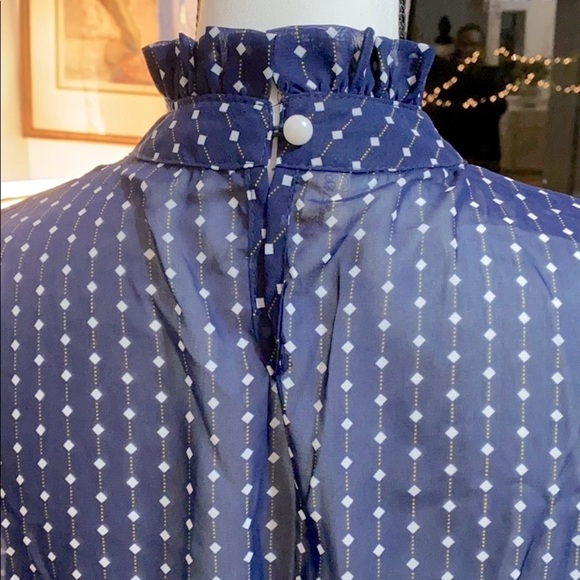 Shi Long Fashion Blue & White Pleated Polka Dot High Neck Blouse Size 2XL - Picture 5 of 8